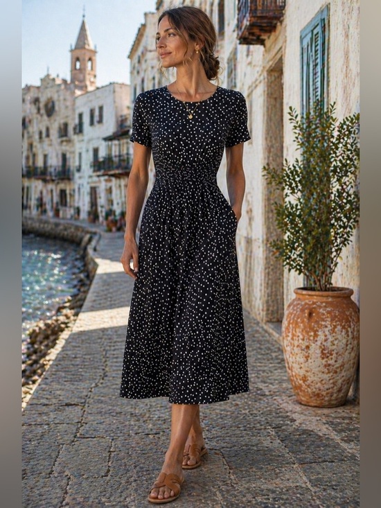 Boden Dresses & Skirts - Boden Navy Polka Dot Midi Dress Long Pockets Stretch Waist 8L Coastal Grandma